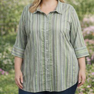 Studio 1940 Plus 26/28W Green Striped Button Shirt Women’s 3/4 Sleeve Top